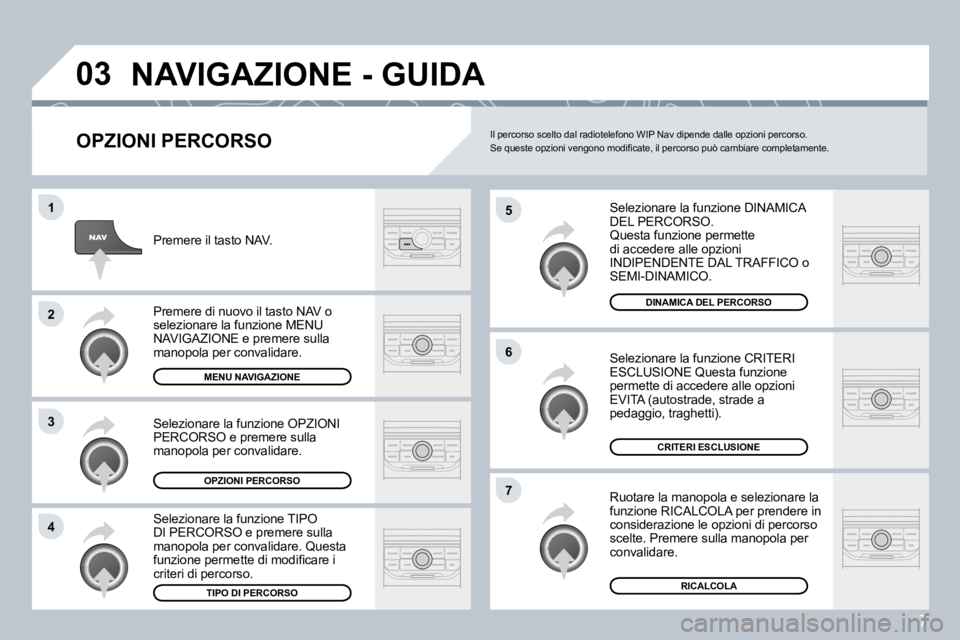PEUGEOT 207 2008.5  Manuale duso (in Italian) 7
�0�3
�5
�6
�7
�1
�2
�3
�4
� �N�A�V�I�G�A�Z�I�O�N�E� �-� �G�U�I�D�A� 
  OPZIONI PERCORSO 
 Selezionare la funzione DINAMICA DEL PERCORSO.  Questa funzione permette di accedere alle opzioni INDIPENDEN