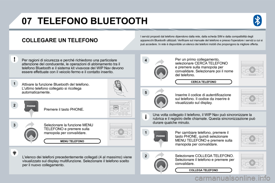 PEUGEOT 207 2008.5  Manuale duso (in Italian) 17
�0�7
�1
�3
�5
�4
�2
�1
�2
 I servizi proposti dal telefono dipendono dalla rete, dalla scheda SIM e dalla compatibilità degli �a�p�p�a�r�e�c�c�h�i� �B�l�u�e�t�o�o�t�h� �u�t�i�l�i�z�z�a�t�i�.� �V�e