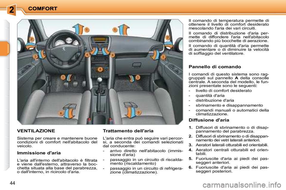 PEUGEOT 207 2008.5  Manuale duso (in Italian) 44
VENTILAZIONE 
 Sistema per creare e mantenere buone  
condizioni  di  comfort  nellabitacolo  del 
veicolo.   Trattamento dellaria  Laria che entra può seguire vari percor-si,  a  seconda  dei 