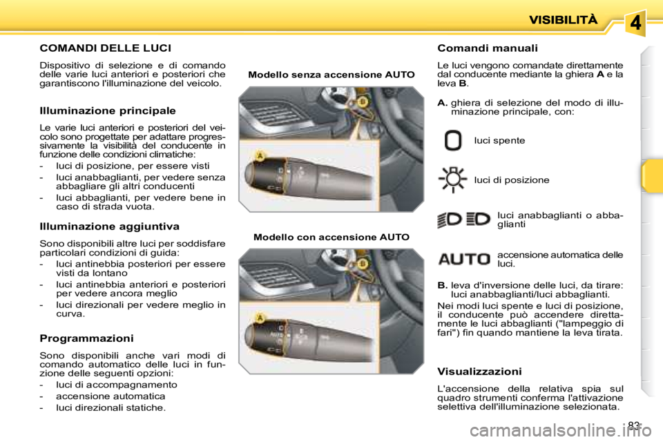 PEUGEOT 207 2008.5  Manuale duso (in Italian) 83
COMANDI DELLE LUCI 
 Dispositivo  di  selezione  e  di  comando  
delle  varie  luci  anteriori  e  posteriori  che 
garantiscono lilluminazione del veicolo.   Comandi manuali  Le luci vengono com