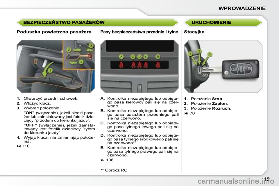 PEUGEOT 207 2008.5  Instrukcja obsługi (in Polish) �W�P�R�O�W�A�D�Z�E�N�I�E
� � �P�o�d�u�s�z�k�a� �p�o�w�i�e�t�r�z�n�a� �p�a�s�aG�e�r�a� 
   
1.  �  �O�t�w�o�r�z�y�ć� �p�r�z�e�d�n�i� �s�c�h�o�w�e�k�.� 
  
2.  �  �W�ł�oG�y�ć� �k�l�u�c�z�.� 
  
3. 