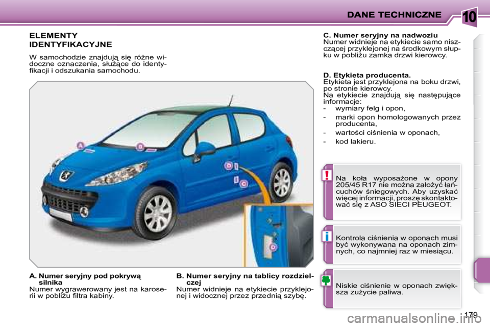 PEUGEOT 207 2008.5  Instrukcja obsługi (in Polish) 10
!
i
179
             ELEMENTY 
IDENTYFIKACYJNE 
� �W�  �s�a�m�o�c�h�o�d�z�i�e�  �z�n�a�j�d�u�j"�  �s�i
�  �r�óG�n�e�  �w�i�- 
�d�o�c�z�n�e�  �o�z�n�a�c�z�e�n�i�a�,�  �s�ł�uG"�c�e�  �