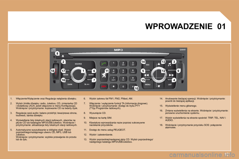 PEUGEOT 207 2008.5  Instrukcja obsługi (in Polish) 181
S
O S
SOURCE
MODE BAND ESC
2
abc
5
jkl
8
tuv 3
def
6
mno
9
wxyz
1 4
ghi
7
pqrs
0 # MENU LIST
TA 
PTY
DARK
�2
�8
�1�6
�1�8 �1�7
�711 �1�4 �3
�5 �9 �4
�1�5 �1�2
�1�3
�61
10 01
 WPROWADZENIE 
� � � �