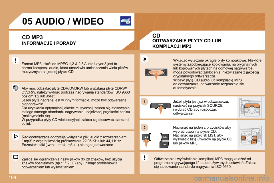 PEUGEOT 207 2008.5  Instrukcja obsługi (in Polish) 196
11
�2�2
�0�5         AUDIO / WIDEO 
  INFORMACJE I PORADY 
� �F�o�r�m�a�t� �M�P�3�,� �s�k�r�ó�t� �o�d� �M�P�E�G� �1�,�2� �&� �2�.�5� �A�u�d�i�o� �L�a�y�e�r� �3�  �j�e�s�t� �t�o� 
�n�o�r�m�a� �k�o
