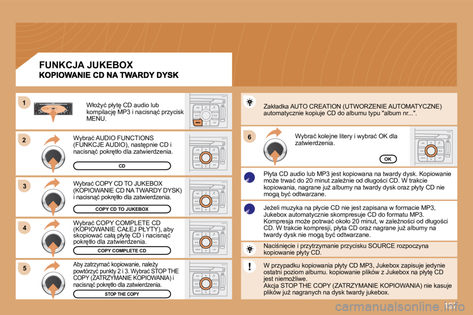 PEUGEOT 207 2008.5  Instrukcja obsługi (in Polish) 197
�2�2
�3�3
11
�5�5
�6�6
�4�4
COPY CD TO JUKEBOX
COPY COMPLETE CD 
STOP THE COPY
OK
� �W�y�b�r�a�ć� �C�O�P�Y� �C�D� �T�O� �J�U�K�E�B�O�X�  
�(�K�O�P�I�O�W�A�N�I�E� �C�D� �N�A� �T�W�A�R�D�Y� �D�Y�S�