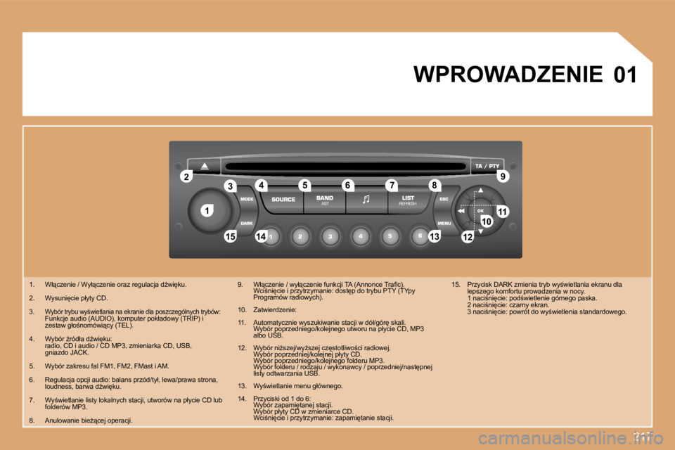 PEUGEOT 207 2008.5  Instrukcja obsługi (in Polish) 217
11
�2�2
10101111
�1�3�1�3�1�4�1�4�1�5�1�5
�3�3�4�4�5�5�6�6�7�7�8�8�9�9
�1�2�1�2
01 WPROWADZENIE 
� � � �1�.� �  �W�ł"�c�z�e�n�i�e� �/� �W�y�ł"�c�z�e�n�i�e� �o�r�a�z� �r�e�g�u�l�a�c�j�a