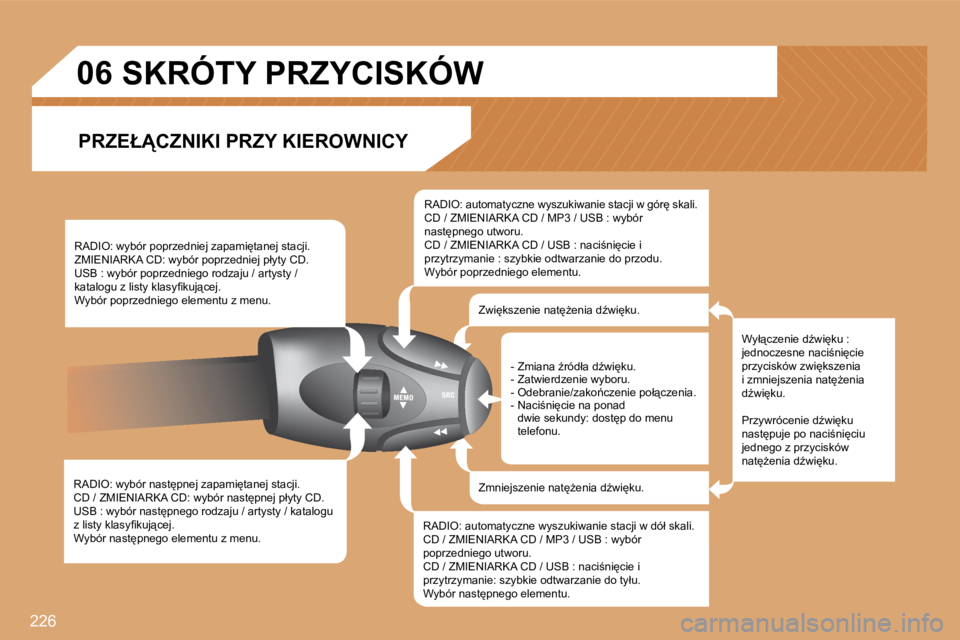 PEUGEOT 207 2008.5  Instrukcja obsługi (in Polish) 226
�0�6
� � �R�A�D�I�O�:� �w�y�b�ó�r� �n�a�s�t
�p�n�e�j� �z�a�p�a�m�i
�t�a�n�e�j� �s�t�a�c�j�i�.� � �C�D� �/� �Z�M�I�E�N�I�A�R�K�A� �C�D�:� �w�y�b�ó�r� �n�a�s�t
�p�n�e�j� �p�ł�y�t�y� �C�D�.� � 