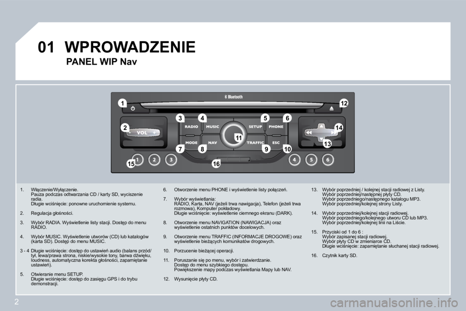 PEUGEOT 207 2008.5  Instrukcja obsługi (in Polish) 2
�1
�5
�1�0
�0�1
�2
�3�4�6
�1�4
�1�2
�9
�1�5�1�6
�7�8�1�3�1�1
� � � �1�.� �  �W�ł"�c�z�e�n�i�e�/�W�y�ł"�c�z�e�n�i�e�.� � �  �P�a�u�z�a� �p�o�d�c�z�a�s� �o�d�t�w�a�r�z�a�n�i�a� �C�D� �/� �