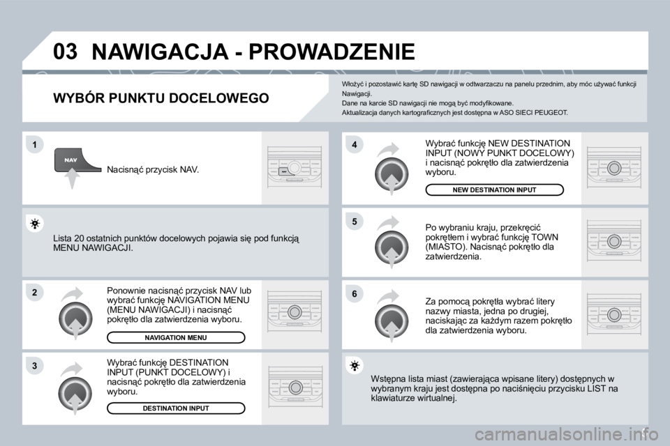 PEUGEOT 207 2008.5  Instrukcja obsługi (in Polish) 5
�0�3
�1
�2
�3
�6
�5
�4
� �N�A�W�I�G�A�C�J�A� �-� �P�R�O�W�A�D�Z�E�N�I�E� 
� � �W�Y�B�Ó�R� �P�U�N�K�T�U� �D�O�C�E�L�O�W�E�G�O� 
� �P�o�n�o�w�n�i�e� �n�a�c�i�s�n"�ć� �p�r�z�y�c�i�s�k� �N�A�V� �