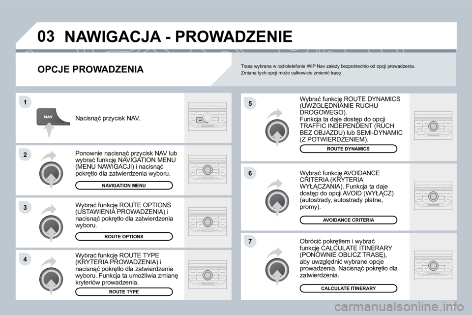 PEUGEOT 207 2008.5  Instrukcja obsługi (in Polish) 7
�0�3
�5
�6
�7
�1
�2
�3
�4
� �N�A�W�I�G�A�C�J�A� �-� �P�R�O�W�A�D�Z�E�N�I�E� 
  OPCJE PROWADZENIA 
� �W�y�b�r�a�ć� �f�u�n�k�c�j
� �R�O�U�T�E� �D�Y�N�A�M�I�C�S� �(�U�W�Z�G�L&�D�N�I�A�N�I�E� �R�U�C�