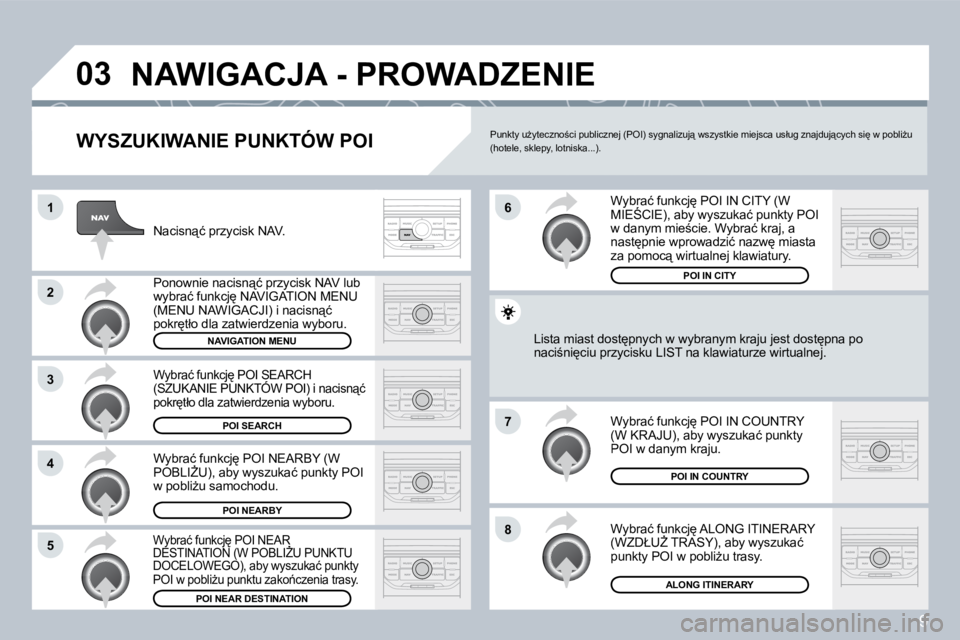PEUGEOT 207 2008.5  Instrukcja obsługi (in Polish) 9
�0�3
�1
�2
�3
�4
�7
�8�5
�6
� �N�A�W�I�G�A�C�J�A� �-� �P�R�O�W�A�D�Z�E�N�I�E� 
� � �W�Y�S�Z�U�K�I�W�A�N�I�E� �P�U�N�K�T�Ó�W� �P�O�I� 
� �N�a�c�i�s�n"�ć� �p�r�z�y�c�i�s�k� �N�A�V�.� 
� �P�o�n�