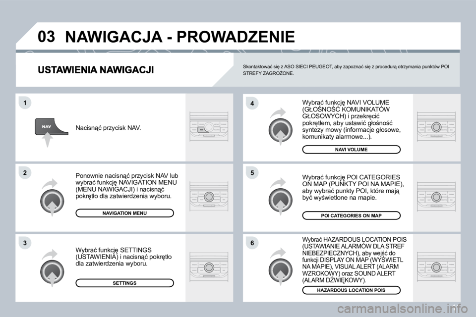 PEUGEOT 207 2008.5  Instrukcja obsługi (in Polish) 11
�0�3
�6
�4
�5
�1
�2
�3
� �W�y�b�r�a�ć� �f�u�n�k�c�j
� �N�A�V�I� �V�O�L�U�M�E� �(�G�Ł�O:�N�O:�Ć� �K�O�M�U�N�I�K�A�T�Ó�W� � �W�y�b�r�a�ć� �f�u�n�k�c�j
� �N�A�V�I� �V�O�L�U�M�E� � �W�y�b�r�a�
