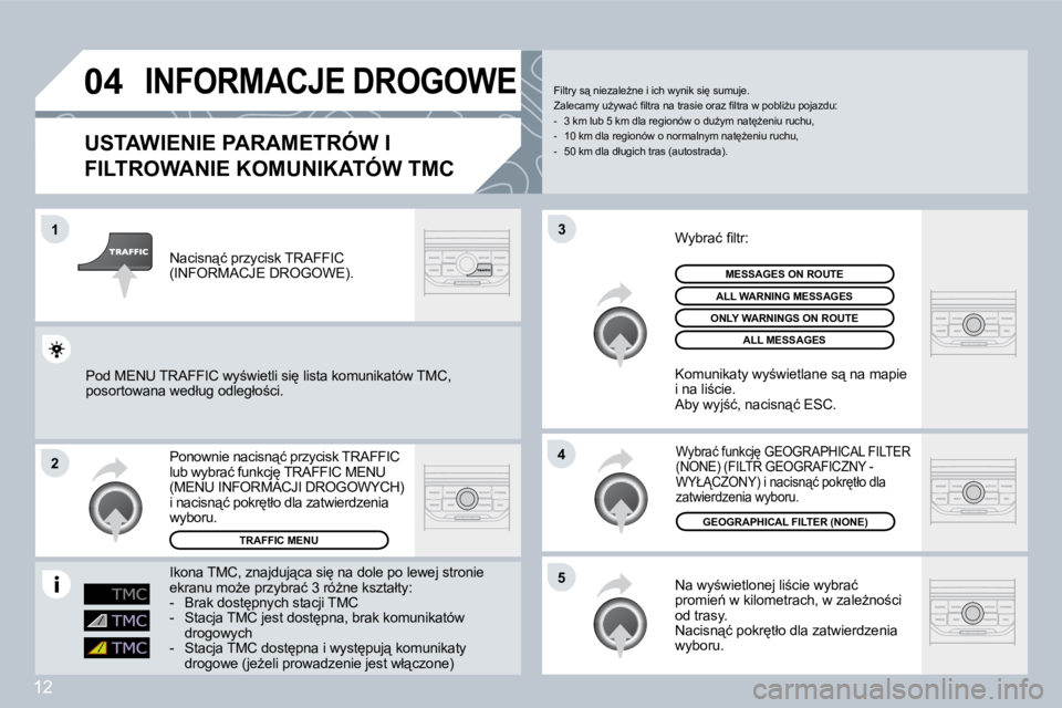 PEUGEOT 207 2008.5  Instrukcja obsługi (in Polish) 12
�0�4
�1
�2
�5
�4
�3
 INFORMACJE DROGOWE 
� � �U�S�T�A�W�I�E�N�I�E� �P�A�R�A�M�E�T�R�Ó�W� �I� 
�F�I�L�T�R�O�W�A�N�I�E� �K�O�M�U�N�I�K�A�T�Ó�W� �T�M�C� 
� �N�a� �w�y;�w�i�e�t�l�o�n�e�j� �l�i;�c�i