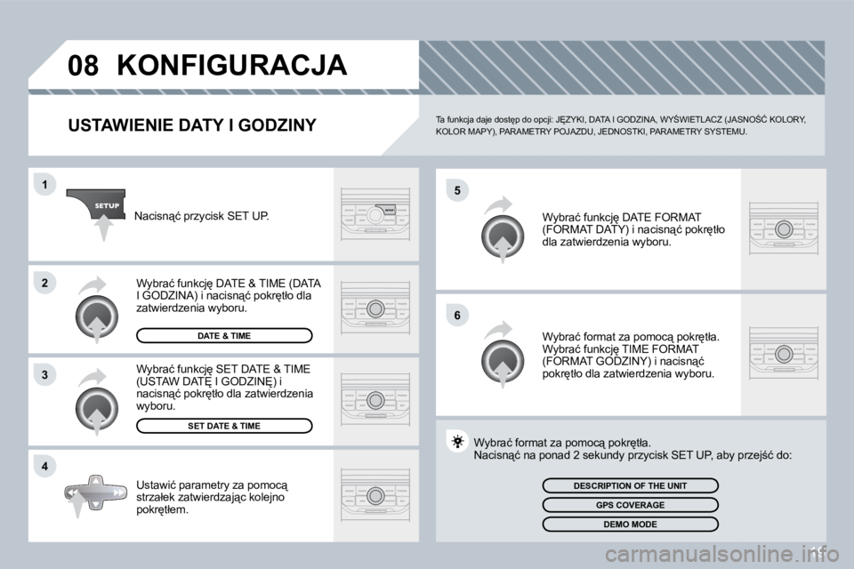 PEUGEOT 207 2008.5  Instrukcja obsługi (in Polish) 19
�0�8
�5
�6
�1
�2
�3
�4
 KONFIGURACJA 
  USTAWIENIE DATY I GODZINY � �T�a� �f�u�n�k�c�j�a� �d�a�j�e� �d�o�s�t
�p� �d�o� �o�p�c�j�i�:� �J&�Z�Y�K�I�,� �D�A�T�A� �I� �G�O�D�Z�I�N�A�,� �W�Y:�W�I�E�T�