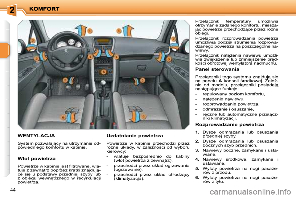 PEUGEOT 207 2008.5  Instrukcja obsługi (in Polish) 44
       WENTYLACJA 
� �S�y�s�t�e�m� �p�o�z�w�a�l�a�j"�c�y� �n�a� �u�t�r�z�y�m�a�n�i�e� �o�d�- 
�p�o�w�i�e�d�n�i�e�g�o� �k�o�m�f�o�r�t�u� �w� �k�a�b�i�n�i�e�.�   Uzdatnianie powietrza  
� �P�o�w