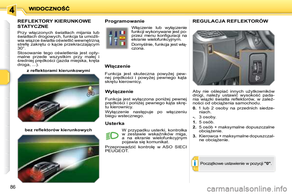 PEUGEOT 207 2008.5  Instrukcja obsługi (in Polish) �i
�8�6
� � � � � � � �R�E�F�L�E�K�T�O�R�Y� �K�I�E�R�U�N�K�O�W�E� 
�S�T�A�T�Y�C�Z�N�E� 
� �P�r�z�y�  �w�ł"�c�z�o�n�y�c�h�  ;�w�i�a�t�ł�a�c�h�  �m�i�j�a�n�i�a�  �l�u�b�  
;�w�i�a�t�ł�a�c�h� �