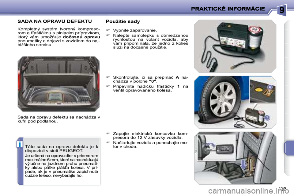 PEUGEOT 207 2008.5  Návod na použitie (in Slovakian) i
133
 Táto  sada  na  opravu  defektu  je  k  
dispozícii v sieti PEUGEOT. 
� �J�e� �u�r�č�e�n�á� �n�a� �o�p�r�a�v�u� �d�i�e�r� �s� �p�r�i�e�m�e�r�o�m� 
�m�a�x�i�m�á�l�n�e� �6� �m�m�,� �k�t�o�r�