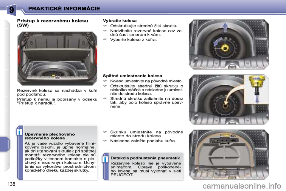 PEUGEOT 207 2008.5  Návod na použitie (in Slovakian) i
i
�1�3�8
� � �U�p�e�v�n�e�n�i�e� �p�l�e�c�h�o�v�é�h�o�  
�r�e�z�e�r�v�n�é�h�o� �k�o�l�e�s�a�  
� �A�k�  �j�e�  �v�a�š�e�  �v�o�z�i�d�l�o�  �v�y�b�a�v�e�n�é�  �h�l�i�n�í�- 
�k�o�v�ý�m�i�  �d�i�