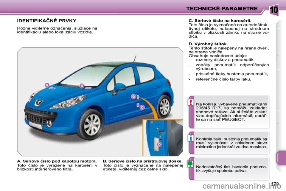 PEUGEOT 207 2008.5  Návod na použitie (in Slovakian) 10
!
i
179
� � � � � � � � � � � � � �I�D�E�N�T�I�F�I�K�A�Č�N�É� �P�R�V�K�Y� 
� �R�ô�z�n�e� �v�i�d�i�t�e-�n�é� �o�z�n�a�č�e�n�i�a�,� �s�l�ú�ž�i�a�c�e� �n�a�  
�i�d�e�n�t�i�ﬁ� �k�á�c�i�u� �a