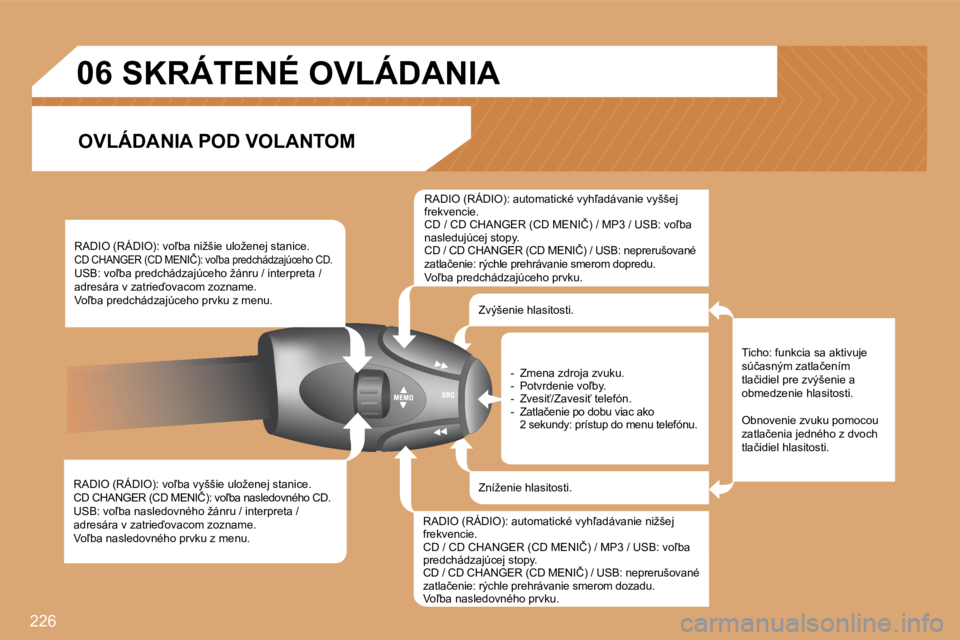 PEUGEOT 207 2008.5  Návod na použitie (in Slovakian) 226
06
� � �R�A�D�I�O� �(�R�Á�D�I�O�)�:� �v�o-�b�a� �v�y�š�š�i�e� �u�l�o�ž�e�n�e�j� �s�t�a�n�i�c�e�.� � �C�D� �C�H�A�N�G�E�R� �(�C�D� �M�E�N�I�Č�)�:� �v�o-�b�a� �n�a�s�l�e�d�o�v�n�é�h�o� �C�D�