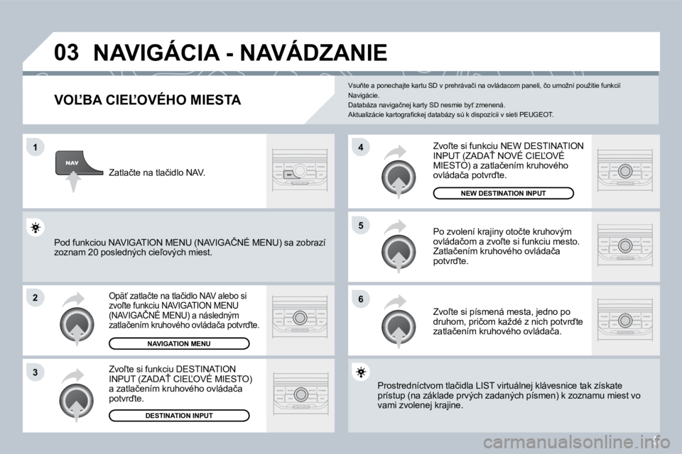 PEUGEOT 207 2008.5  Návod na použitie (in Slovakian) 5
�0�3
�1
�2
�3
�6
�5
�4
� �N�A�V�I�G�Á�C�I�A� �-� �N�A�V�Á�D�Z�A�N�I�E� 
� � �V�O,�B�A� �C�I�E,�O�V�É�H�O� �M�I�E�S�T�A� 
� �O�p�ä?� �z�a�t�l�a�č�t�e� �n�a� �t�l�a�č�i�d�l�o� �N�A�V� �a�l�e�