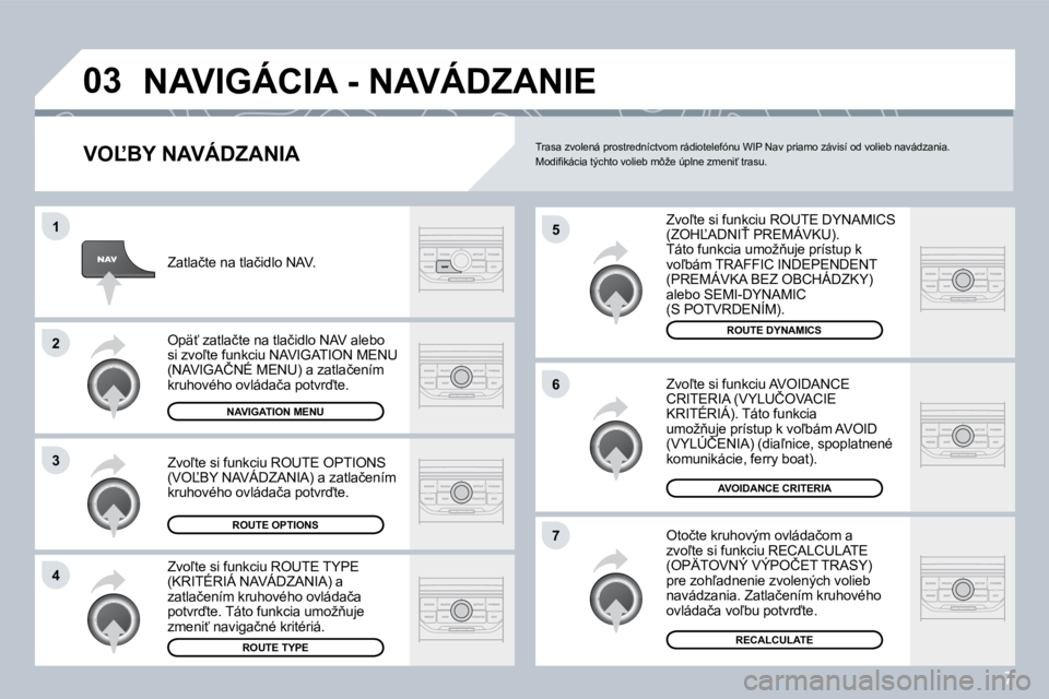PEUGEOT 207 2008.5  Návod na použitie (in Slovakian) 7
�0�3
�5
�6
�7
�1
�2
�3
�4
� �N�A�V�I�G�Á�C�I�A� �-� �N�A�V�Á�D�Z�A�N�I�E� 
� � �V�O,�B�Y� �N�A�V�Á�D�Z�A�N�I�A� 
� �Z�v�o-�t�e� �s�i� �f�u�n�k�c�i�u� �R�O�U�T�E� �D�Y�N�A�M�I�C�S� �(�Z�O�H,�A�