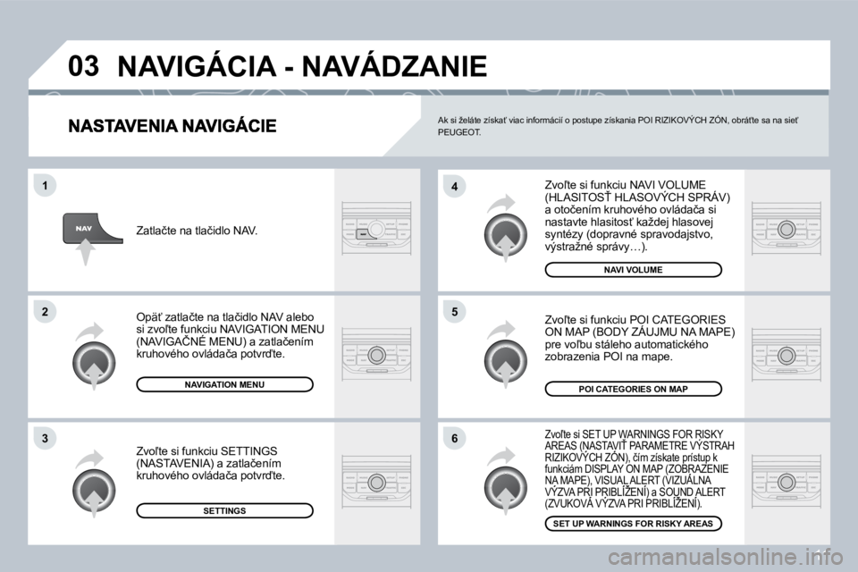 PEUGEOT 207 2008.5  Návod na použitie (in Slovakian) 11
�0�3
�6
�4
�5
�1
�2
�3
� �Z�v�o-�t�e� �s�i� �f�u�n�k�c�i�u� �N�A�V�I� �V�O�L�U�M�E� �(�H�L�A�S�I�T�O�S!� �H�L�A�S�O�V�Ý�C�H� �S�P�R�Á�V�)� �a� �o�t�o�č�e�n�í�m� �k�r�u�h�o�v�é�h�o� �o�v�l�á