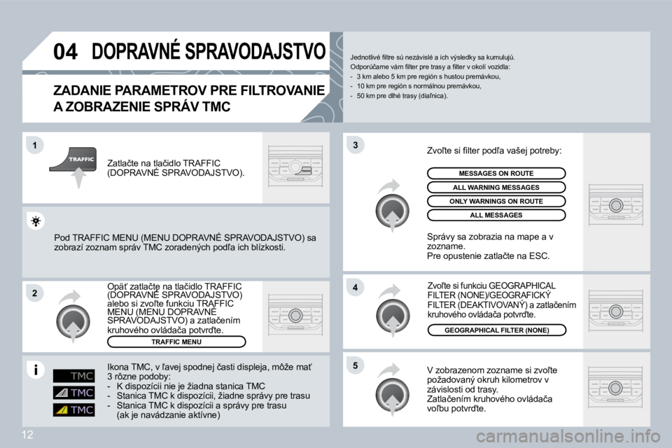 PEUGEOT 207 2008.5  Návod na použitie (in Slovakian) 12
�0�4
�1
�2
�5
�4
�3
 DOPRAVNÉ SPRAVODAJSTVO 
� � �Z�A�D�A�N�I�E� �P�A�R�A�M�E�T�R�O�V� �P�R�E� �F�I�L�T�R�O�V�A�N�I�E� 
�A� �Z�O�B�R�A�Z�E�N�I�E� �S�P�R�Á�V� �T�M�C� 
� �V� �z�o�b�r�a�z�e�n�o�m� 