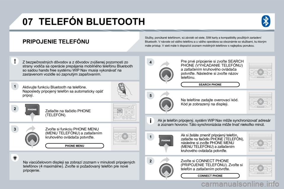 PEUGEOT 207 2008.5  Návod na použitie (in Slovakian) 17
�0�7
�1
�3
�5
�4
�2
�1
�2
� �S�l�u�ž�b�y�,� �p�o�n�ú�k�a�n�é� �t�e�l�e�f�ó�n�o�m�,� �s�ú� �z�á�v�i�s�l�é� �o�d� �s�i�e�t�e�,� �S�I�M� �k�a�r�t�y� �a� �k�o�m�p�a�t�i�b�i�l�i�t�y� �p�o�u�ž�i�