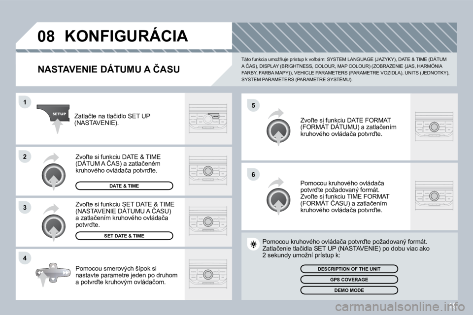 PEUGEOT 207 2008.5  Návod na použitie (in Slovakian) 19
�0�8
�5
�6
�1
�2
�3
�4
 KONFIGURÁCIA 
� � �N�A�S�T�A�V�E�N�I�E� �D�Á�T�U�M�U� �A� �Č�A�S�U� 
� �T�á�t�o� �f�u�n�k�c�i�a� �u�m�o�ž3�u�j�e� �p�r�í�s�t�u�p� �k� �v�o-�b�á�m�:� �S�Y�S�T�E�M� �