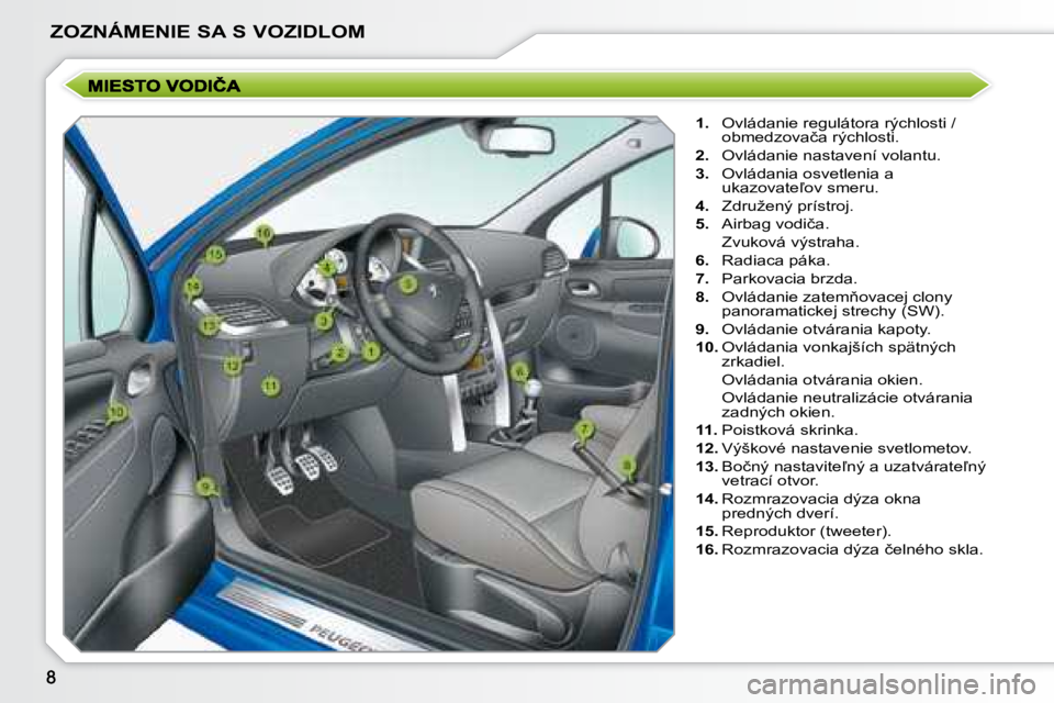 PEUGEOT 207 2008.5  Návod na použitie (in Slovakian) ZOZNÁMENIE SA S VOZIDLOM
   
1. � �  �O�v�l�á�d�a�n�i�e� �r�e�g�u�l�á�t�o�r�a� �r�ý�c�h�l�o�s�t�i� �/� 
�o�b�m�e�d�z�o�v�a�č�a� �r�ý�c�h�l�o�s�t�i�.� 
  
2. � �  �O�v�l�á�d�a�n�i�e� �n�a�s�t�a�