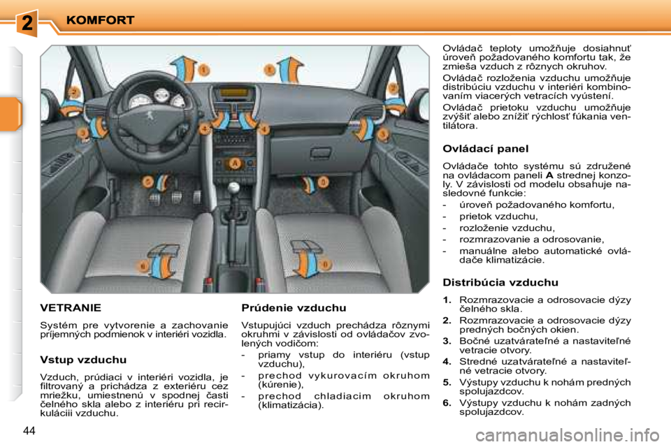 PEUGEOT 207 2008.5  Návod na použitie (in Slovakian) 44
       VETRANIE 
 Systém  pre  vytvorenie  a  zachovanie  
príjemných podmienok v interiéri vozidla.   Prúdenie vzduchu  
 Vstupujúci  vzduch  prechádza  rôznymi  
�o�k�r�u�h�m�i�  �v�  �z�