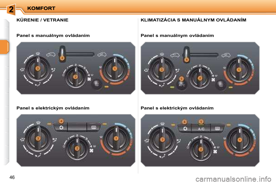 PEUGEOT 207 2008.5  Návod na použitie (in Slovakian) 46
                     KÚRENIE / VETRANIE 
  Panel s manuálnym ovládaním   
  Panel s elektrickým ovládaním  
� �K�L�I�M�A�T�I�Z�Á�C�I�A� �S� �M�A�N�U�Á�L�N�Y�M� �O�V�L�Á�D�A�N�Í�M� 
  Pan