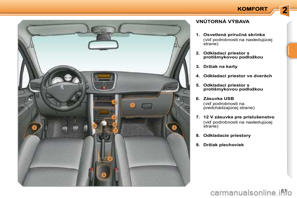 PEUGEOT 207 2008.5  Návod na použitie (in Slovakian) �6�1
� � � � � � � � � � � � � �V�N�Ú�T�O�R�N�Á� �V�Ý�B�A�V�A� 
   
1.     �O�s�v�e�t�l�e�n�á� �p�r�í�r�u�č�n�á� �s�k�r�i�n�k�a     
�  �(�v�i� �p�o�d�r�o�b�n�o�s�t�i� �n�a� �n�a�s�l�e�d�u�j�