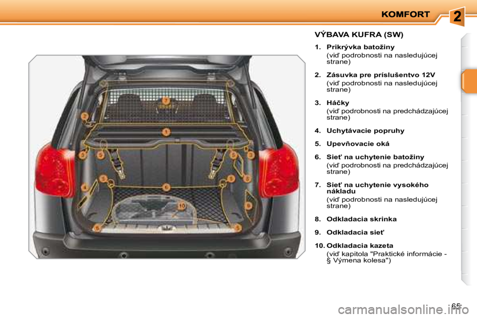 PEUGEOT 207 2008.5  Návod na použitie (in Slovakian) 65
� � � � � � � � � � � � � �V�Ý�B�A�V�A� �K�U�F�R�A� �(�S�W�)� 
   
1.     �P�r�i�k�r�ý�v�k�a� �b�a�t�o�ž�i�n�y     
�  �(�v�i� �p�o�d�r�o�b�n�o�s�t�i� �n�a� �n�a�s�l�e�d�u�j�ú�c�e�j�  strane)