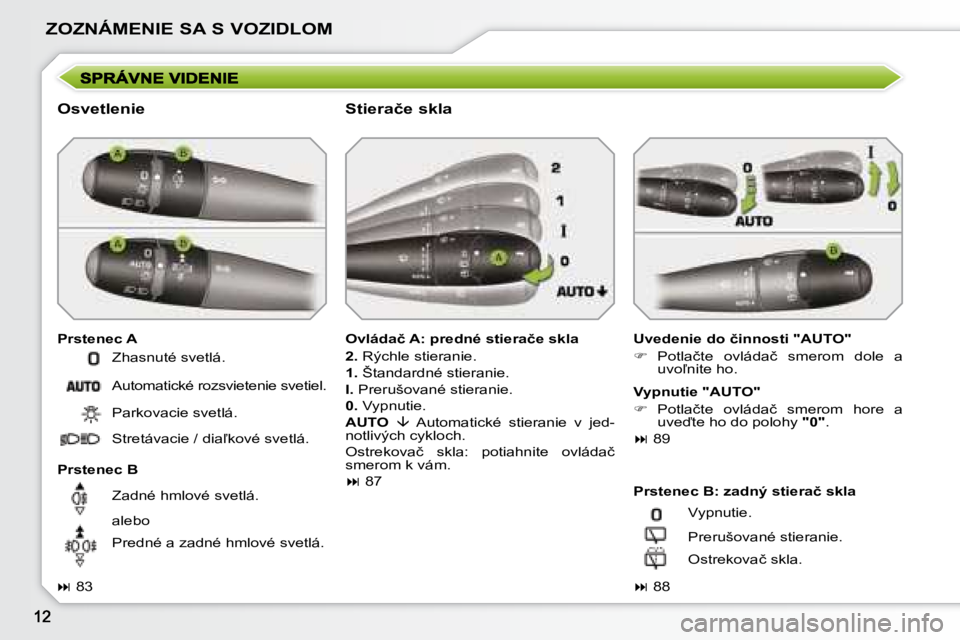 PEUGEOT 207 2008.5  Návod na použitie (in Slovakian) ZOZNÁMENIE SA S VOZIDLOM
  Osvetlenie  
  Prstenec A � � �U�v�e�d�e�n�i�e� �d�o� �č�i�n�n�o�s�t�i� �"�A�U�T�O�"�  
   
� � �  �P�o�t�l�a�č�t�e�  �o�v�l�á�d�a�č�  �s�m�e�r�o�m�  �d�o�l�