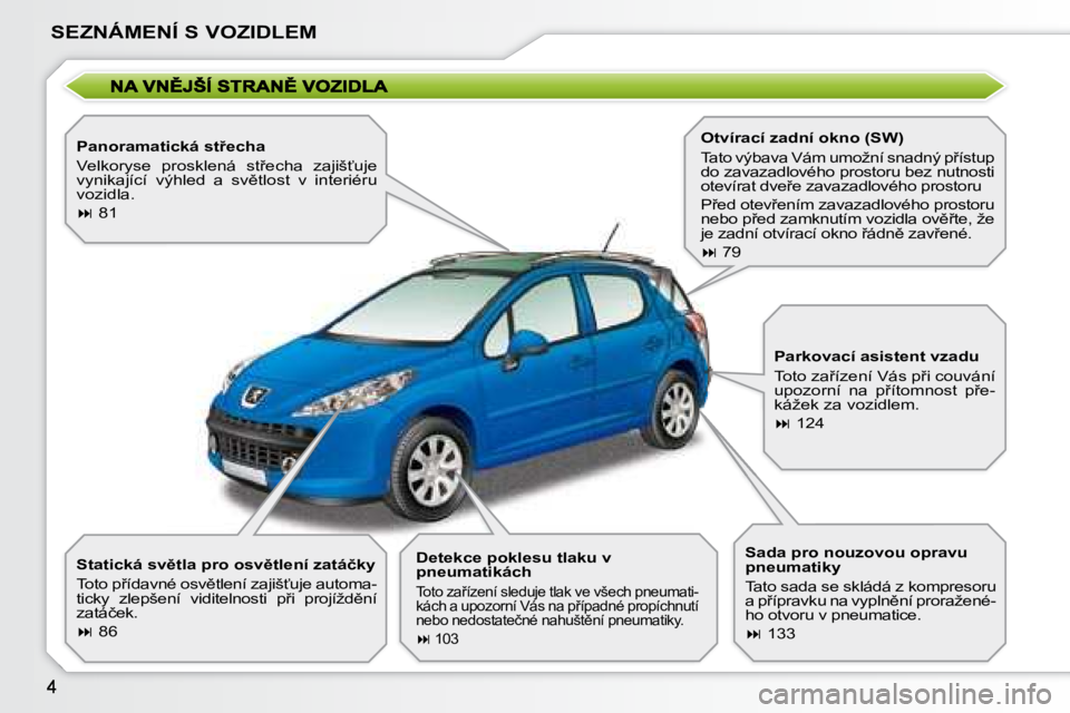 PEUGEOT 207 2008.5  Návod na použití (in Czech) SEZNÁMENÍ S VOZIDLEM
� � �P�a�n�o�r�a�m�a�t�i�c�k�á� �s�t9�e�c�h�a�  
� �V�e�l�k�o�r�y�s�e�  �p�r�o�s�k�l�e�n�á�  �s�t9�e�c�h�a�  �z�a�j�i�š?�u�j�e�  
�v�y�n�i�k�a�j�í�c�í�  �v�ý�h�l�e�d�  