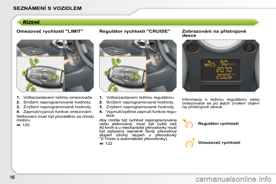 PEUGEOT 207 2008.5  Návod na použití (in Czech) SEZNÁMENÍ S VOZIDLEM
� � �O�m�e�z�o�v�a�č� �r�y�c�h�l�o�s�t�i� �"�L�I�M�I�T�"� � � �Z�o�b�r�a�z�o�v�á�n�í� �n�a� �p9�í�s�t�r�o�j�o�v�é�  
�d�e�s�c�e� 
   
1. � �  �V�o�l�b�a�/�z�a�s�t�