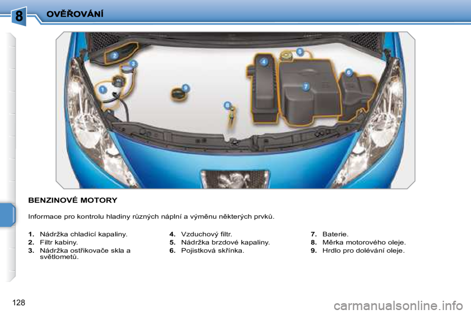 PEUGEOT 207 2008.5  Návod na použití (in Czech) 128
� � � � � � � � � � � �B�E�N�Z�I�N�O�V�É� �M�O�T�O�R�Y�  
� �I�n�f�o�r�m�a�c�e� �p�r�o� �k�o�n�t�r�o�l�u� �h�l�a�d�i�n�y� �rA�z�n�ý�c�h� �n�á�p�l�n�í� �a� �v�ý�m)�n�u� �n)�k�t�e�r�ý�c�h� 