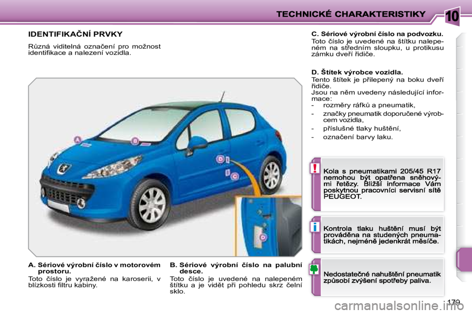 PEUGEOT 207 2008.5  Návod na použití (in Czech) 10
!
i
179
� � � � � � � � � � � � � �I�D�E�N�T�I�F�I�K�A�Č�N�Í� �P�R�V�K�Y� 
� �RA�z�n�á�  �v�i�d�i�t�e�l�n�á�  �o�z�n�a�č�e�n�í�  �p�r�o�  �m�o�ž�n�o�s�t� �i�d�e�n�t�i�ﬁ� �k�a�c�e� �a� �n�