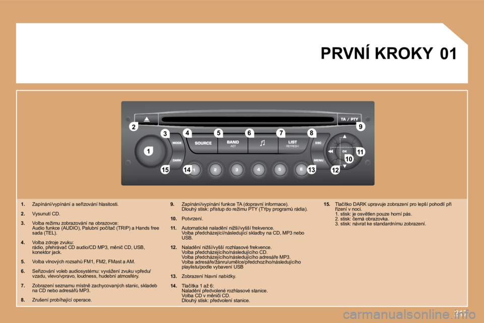 PEUGEOT 207 2008.5  Návod na použití (in Czech) �2�1�7
11
22
10101111
1313�1�4�1�41515
33�4�4556677�8�8�9�9
1212
01 PRVNÍ KROKY 
� � � �1�.� �  �Z�a�p�í�n�á�n�í�/�v�y�p�í�n�á�n�í� �a� �s�e9�i�z�o�v�á�n�í� �h�l�a�s�i�t�o�s�t�i�.� 
� � �2�.