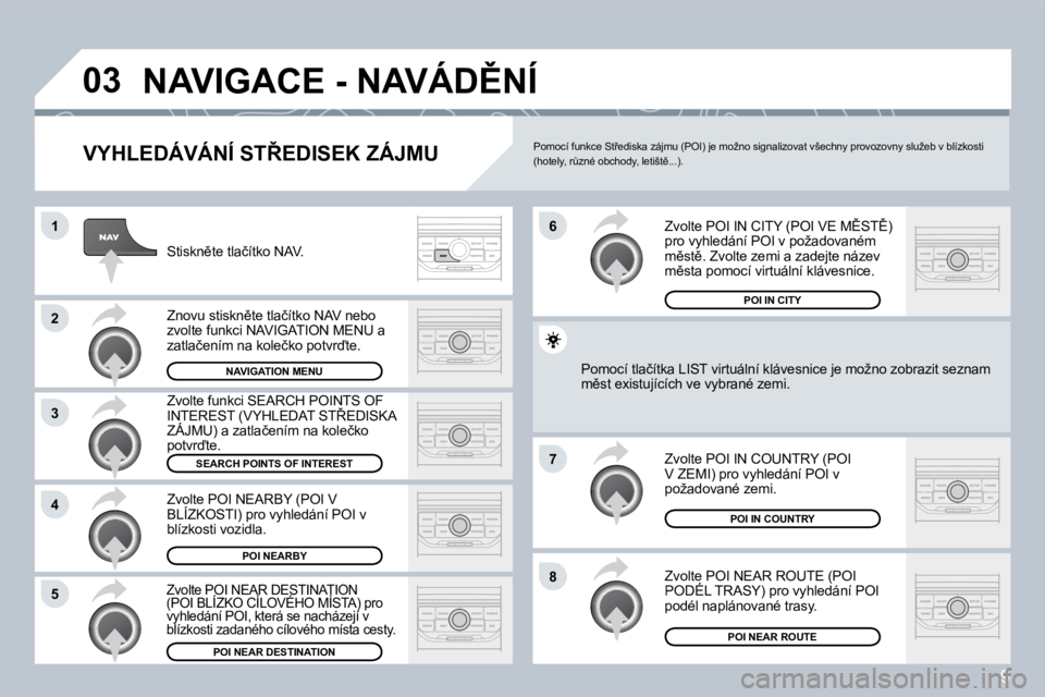PEUGEOT 207 2008.5  Návod na použití (in Czech) 9
�0�3
�1
�2
�3
�4
�7
�8�5
�6
� �N�A�V�I�G�A�C�E� �-� �N�A�V�Á�D(�N�Í� 
� � �V�Y�H�L�E�D�Á�V�Á�N�Í� �S�T8�E�D�I�S�E�K� �Z�Á�J�M�U� 
� �S�t�i�s�k�n)�t�e� �t�l�a�č�í�t�k�o� �N�A�V�.� 
� �Z�n�