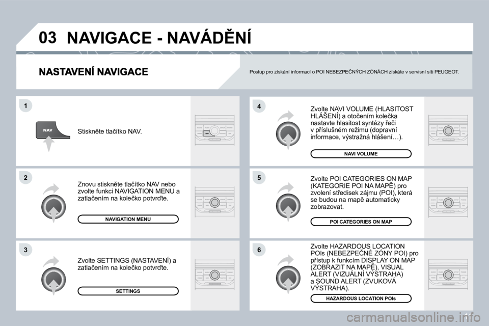 PEUGEOT 207 2008.5  Návod na použití (in Czech) 11
�0�3
�6
�4
�5
�1
�2
�3
� �Z�v�o�l�t�e� �N�A�V�I� �V�O�L�U�M�E� �(�H�L�A�S�I�T�O�S�T� �H�L�Á�Š�E�N�Í�)� �a� �o�t�o�č�e�n�í�m� �k�o�l�e�č�k�a� � �Z�v�o�l�t�e� �N�A�V�I� �V�O�L�U�M�E� �(�H�L�A�S