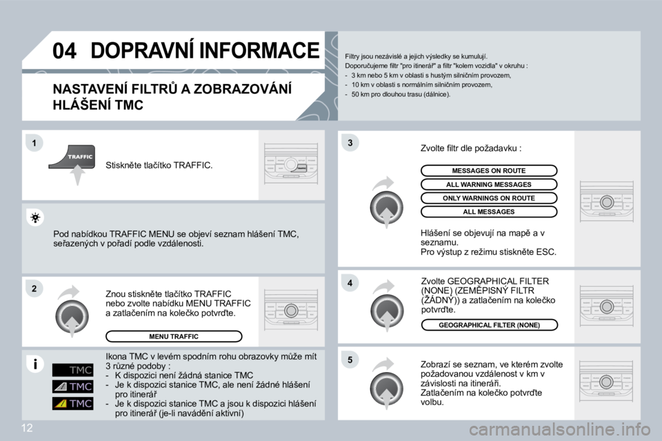 PEUGEOT 207 2008.5  Návod na použití (in Czech) 12
�0�4
�1
�2
�5
�4
�3
DOPRAVNÍ INFORMACE 
� � �N�A�S�T�A�V�E�N�Í� �F�I�L�T�R#� �A� �Z�O�B�R�A�Z�O�V�Á�N�Í� 
�H�L�Á�Š�E�N�Í� �T�M�C� 
� �Z�o�b�r�a�z�í� �s�e� �s�e�z�n�a�m�,� �v�e� �k�t�e�r�é