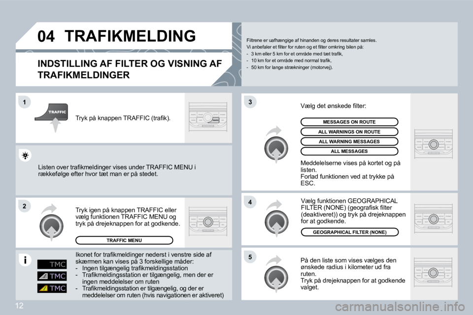 PEUGEOT 207 2008  Brugsanvisning (in Danish) 12
�0�4
�1
�2
�5
�4
�3
 TRAFIKMELDING 
  INDSTILLING AF FILTER OG VISNING AF 
TRAFIKMELDINGER 
 På den liste som vises vælges den ønskede radius i kilometer ud fra ruten.  Tryk på drejeknappen for