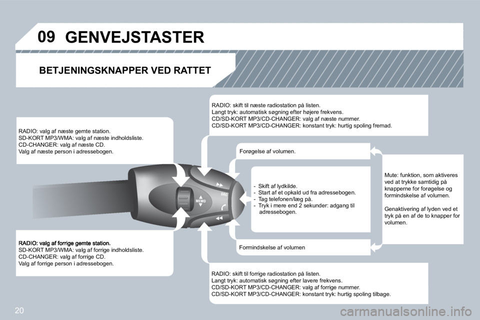 PEUGEOT 207 2008  Brugsanvisning (in Danish) 20
�0�9
 SD-KORT MP3/WMA: valg af forrige indholdsliste.  CD-CHANGER: valg af forrige CD.  Valg af forrige person i adressebogen.  
 RADIO: valg af næste gemte station.  SD-KORT MP3/WMA: valg af næs
