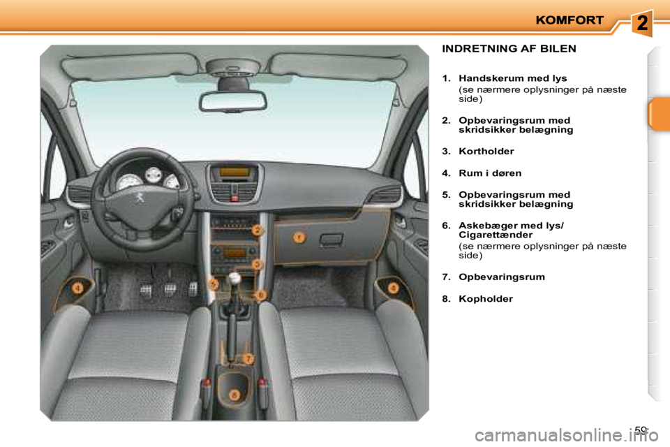 PEUGEOT 207 2008  Brugsanvisning (in Danish) 59
             INDRETNING AF BILEN 
   
1.     Handskerum med lys     
  (se nærmere oplysninger på næste  side) 
  
2.     Opbevaringsrum med  
skridsikker belægning   
  
3.     Kortholder   
 