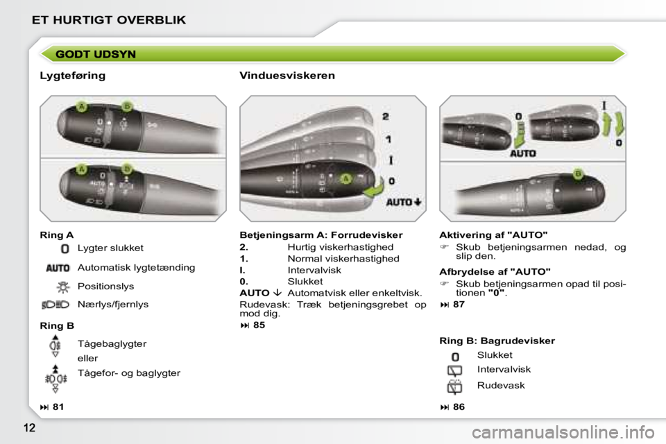 PEUGEOT 207 2008  Brugsanvisning (in Danish) ET HURTIGT OVERBLIK
  Lygteføring 
  Ring A   Aktivering af "AUTO"  
   
� � �  �S�k�u�b�  �b�e�t�j�e�n�i�n�g�s�a�r�m�e�n�  �n�e�d�a�d�,�  �o�g� 
�s�l�i�p� �d�e�n�.� � � 
  Ring B    Betjeningsarm
