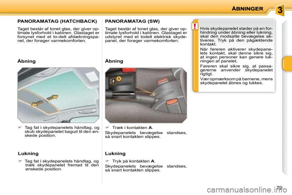 PEUGEOT 207 2008  Brugsanvisning (in Danish) !
79
         PANORAMATAG (HATCHBACK) 
� �T�a�g�e�t� �b�e�s�t�å�r� �a�f� �t�o�n�e�t� �g�l�a�s�,� �d�e�r� �g�i�v�e�r� �o�p�- 
�t�i�m�a�l�e� �l�y�s�f�o�r�h�o�l�d� �i� �k�a�b�i�n�e�n�.� �G�l�a�s�t�a�g�e