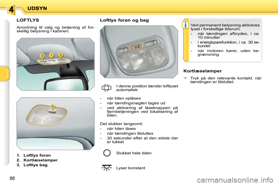 PEUGEOT 207 2008  Brugsanvisning (in Danish) i
88
         LOFTLYS 
� �A�n�o�r�d�n�i�n�g�  �t�i�l�  �v�a�l�g�  �o�g�  �b�e�t�j�e�n�i�n�g�  �a�f�  �f�o�r�- 
�s�k�e�l�l�i�g� �b�e�l�y�s�n�i�n�g� �i� �k�a�b�i�n�e�n�.�  
   
1.     Loftlys foran   
 